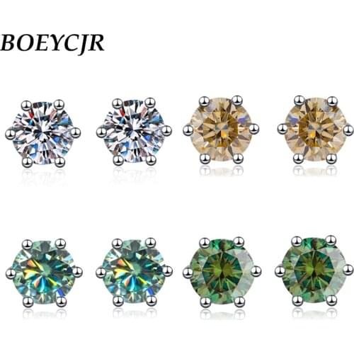 BOEYCJR 925 Classic 6 prongs Silver 0.5/1/2ct Colorful Moissanite VVS1 Fine Jewelry Diamond Stud Earring for Women Gift