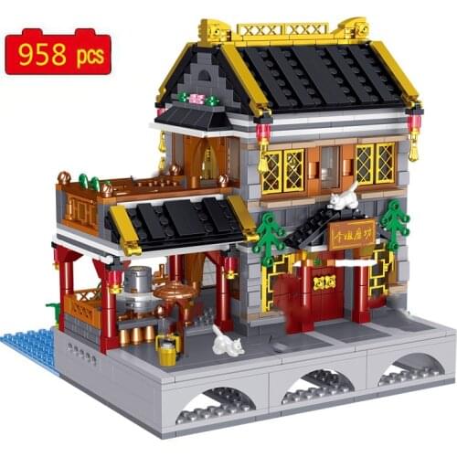 Chinese Style Town Street Scene Series Sister Lis Mill Mini Cat DIY Model Building Blocks Toys Gifts