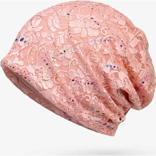 Spring Summer Female Caps Skullies Thin Lace Ponytail Pregnant Women Solid Color Jacquard Hat Neck Scarf Beanie Turban Hat