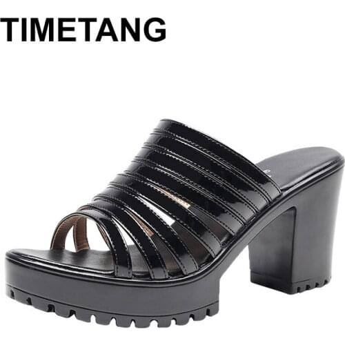 TIMETANG Block Heel Patent Leather Slippers Women Shoes Summer 2020High Heels Slides Ladies Party Wedding Shoes Platform Slides