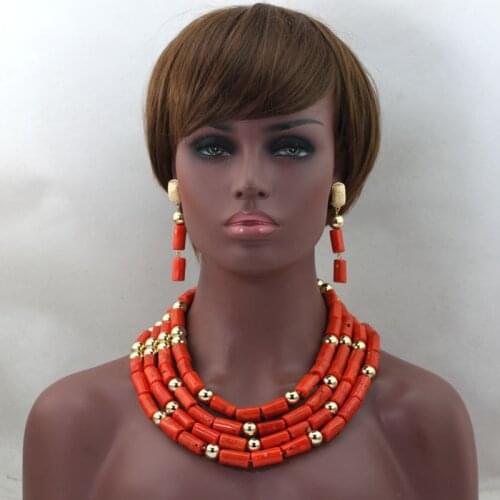 Fabulous 4 Layers African Coral Bead Wedding Necklace Set Dubai New Women Bride Coral Jewelry New Free Shipping CNR601
