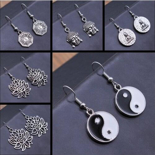 Vintage Religion Chinese Tai Chi Taoist Buddhism Buddha Lotus Dangle Earring Drop Earring For Women Girl Gift