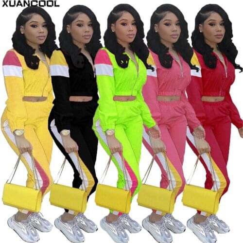 XUANCOOL 2020 Women Colorful Patchwork Zipper Up Jackets Pencil Pants Suits Sporty Two Piece Tracksuit Outfit Casual S-XXL