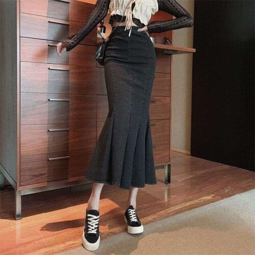 Vintage Slim High Waist Split Mermaid Skirts Women Plus Size Mid-length Bag Hip Denim Skirt Lady Mujer Faldas Fashion FT374
