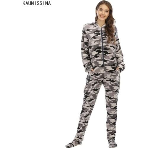 Women Winter Onesie Pajamas Flannel Sleepwear Long Sleeve Camouflage Print Front Zipper Casual Hooded Pajama Home Nightwear Suit