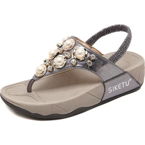 2021 Summer women shoes new fashion slope woman sandals beads Plus size Femme Soft Open Toe wedges Women Sandals