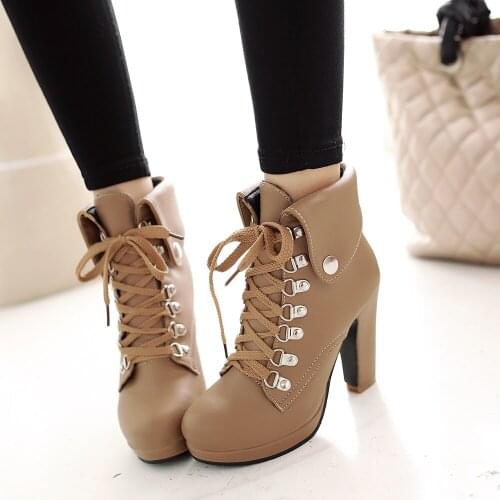 Womens Boots winter The New fashion Round head Lace-up Metal Decoration Thick heel High heel Womens shoes plus size 33-43