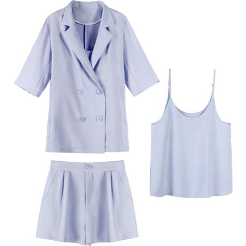 VSUE Women Camis Shorts Blazers Three Pieces Set Blue Yellow Short Sleeve Solid Pocket Summer T0432