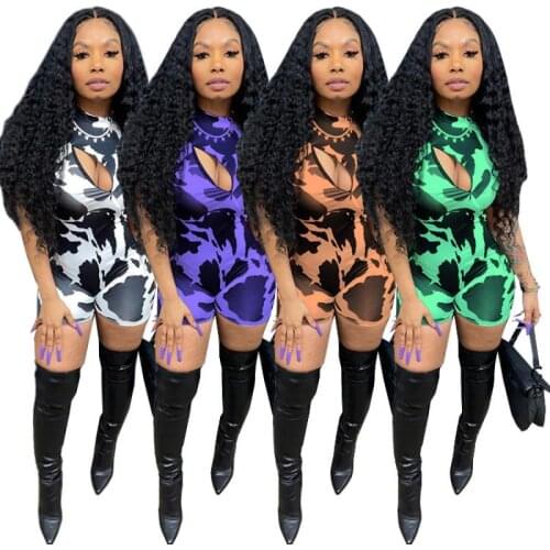 2021 Summer New Fashion Print Front and Rear Zipper Sexy Jumpsuit Women