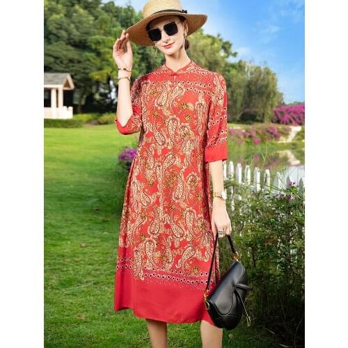 High 100% Quality Real Silk Dresses for Women Long Dress Vintage Woman Genuine Silk Dresses Kobieta Sukienka TN2545