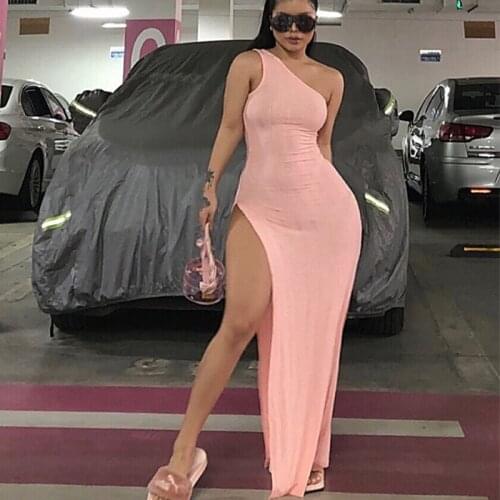 New One Shoulder Oblique Slit Dress Sleeveless Split Summer Sexy Dresses Women Slim Maxi Long Clothes Asymmetrical Street Wear