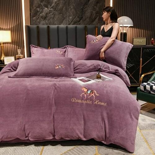 Winter Warm Soft Solid Color Single Embroidery Printing Double-Sided Plush Thick Quilt Cover Bedding Queen King Duvet Cover