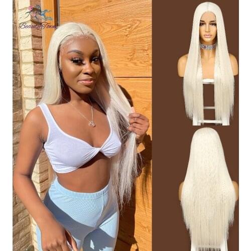BeautyTown Synthetic Lace Wigs White Color Long Silky Straight Party Hair Heat Resistant Middle Part Synthetic Human Hair 2021
