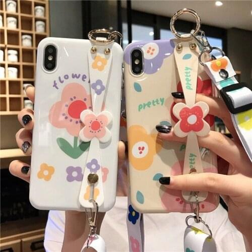 Flower Printed Phone Case for IPhone 12 Pro Max Casei with Wristband Silk Strap Anti-Drop for IPhone 11 Pro Max XR X XS Cover