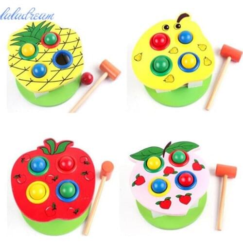 High quality beautiful different fruits wooden Noise Maker for educational toy Strike wooden balls wooden hammer children gift