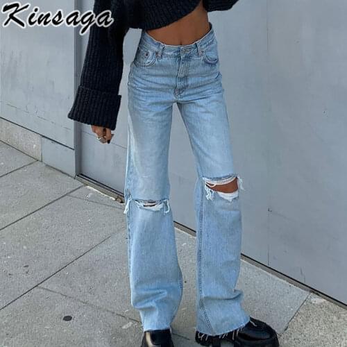Vintage High Waist Baggy Straight Jeans Mom Streetwear Ripped Hole Distressed Denim Pants Women Casual Tassels Wide Leg Trousers