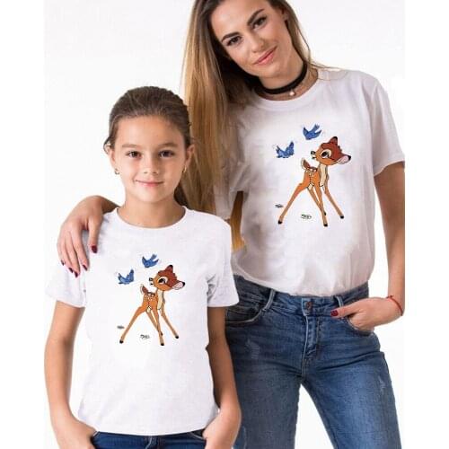 Bambi Butterfly Cartoon Cute Family Matching Clothes Summer Short Sleeve Loose White O-neck Tshirts Children Kids Baby Boys Tops