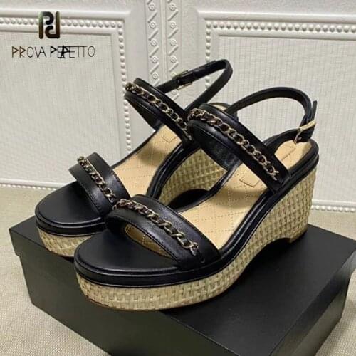 Leather elegant and sweet metal chain Roman style high heel sandals 2021 summer new fashion straw woven wedge beach high heels