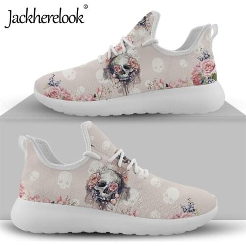 Jackherelook Women Knit Vulcanized Sneakers Sugar Skull Print Mesh Breathable Ladies Shoes Flat Lightweight Lace Up Footwear