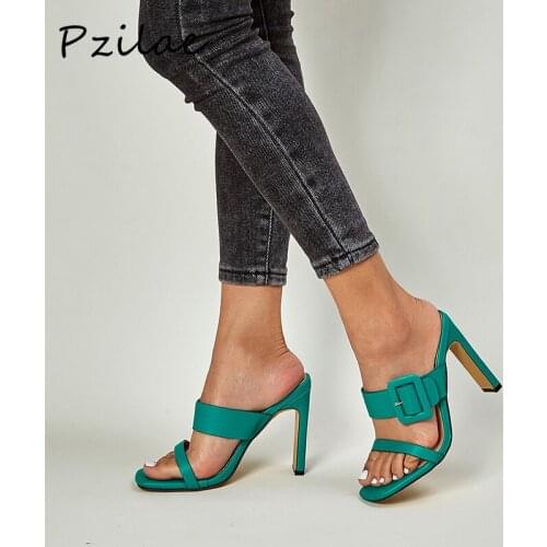 Pzilae Summer New Womens slippers Fashion Buckle Design Ladies Shoes Open Toe High Heels Dress Party Pumps Sexy Big Size 42