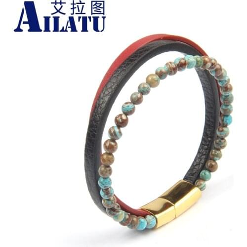 Fashion Natural Stone Genuine Leather Bracelet Men Jewelry Stainless Steel Magnetic Clasp Charm Jewelry