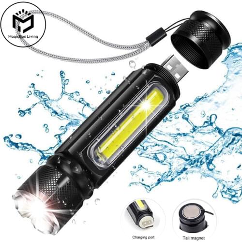 T6 High Lumen 2600mAh USB Rechargeable Flashlight Magnetic LED Emergency Waterproof Flashlight Zoomable with COB Work Light