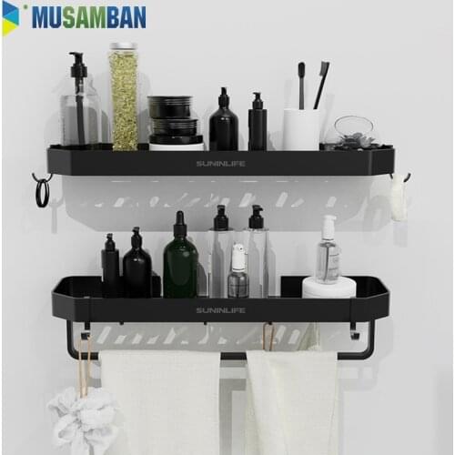 MUSAMBAN No Punching Space Aluminum Bathroom Shelf Kitchen Organizer Storage Rack Shampoo Shower Holder Bathroom Accessories Set