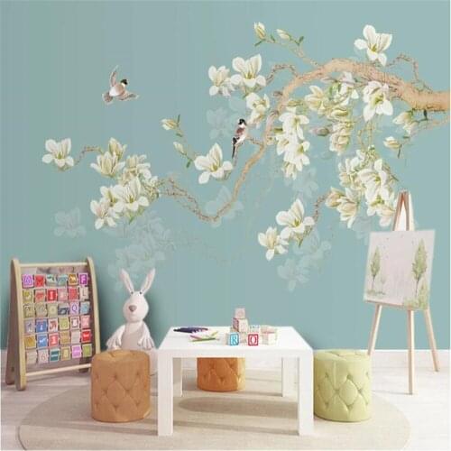 Milofi custom wall mural 3D printing wallpaper vintage magnolia flower hand-painted flower and bird decorative painting