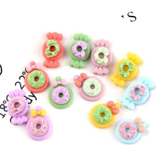 New 20pcs Colorful Kawaii Lollipop Candy Donuts Flatback Resin Cabochon Embellishments Scrapbooking Girl Bow Center DIY 25*15mm