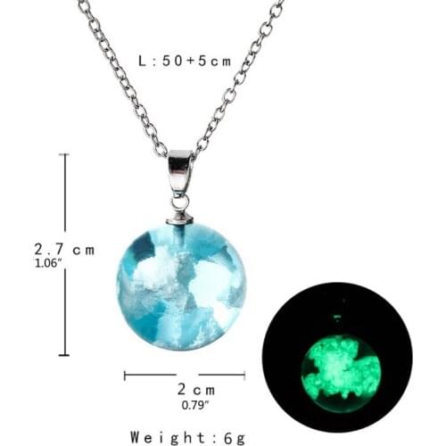White Clouds Blue Sky Glass Ball Pendant Necklace Glow In the Dark Jewelry Women
