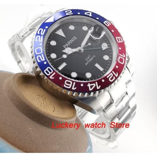 40mm Parnis Blue and red Bezel black dial green GMT hands luminous marks sapphire glass automatic Mens Watch-PA64