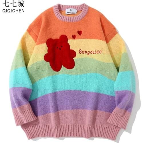 Rainbow Stripes Print Bear Sweater Men Women Hip Hop O-neck Knitted Pullover Jumper Streetwear Loose Knitwear Sweaters 2021