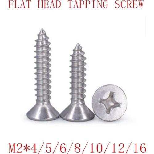 M2, 100pcs DIN7982 304 Stainless Steel Screws M2*4-16mm Cross Recessed Flat Head Countersunk Self-tapping Wood Screws