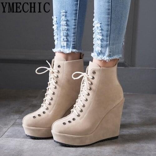 YMECHIC Gothic Lace Up Ankle Women Boots 2018 Winter Ladies Punk Shoes Red Black Platform Punk Wedge High Heels Combat Boots
