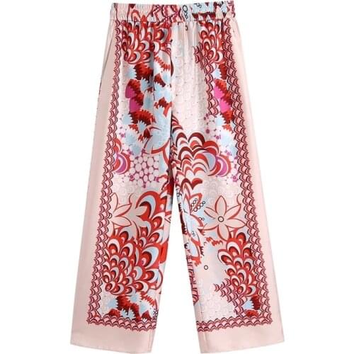 Women Pants 2021 Fashion Patchwork Ornate Floral Print Long Trousers Vintage Elastic High Waist Female Bottoms Wide Leg Pants