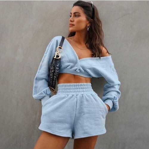 2021 Autumn Women Shorts Two Piece Set Solid Color V Neck Long Sleeve Crop Top And High waist Short Pants Casual Outfits