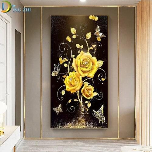 5D DIY Diamond Painting Gold Rose Full Drill Square/Round Diamond Embroidery Flower Entrance Hallway Wall Decor Mosaic Craft Kit