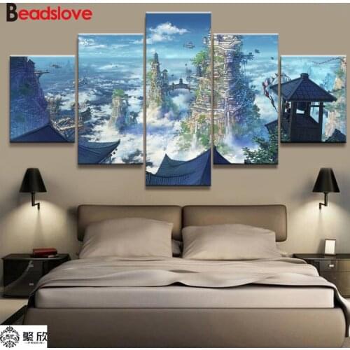 5D diy diamond painting 5 Pieces Anime Wonderland Landscape Diamond mosaic cross-stitch black white 3D diamond Embroidery