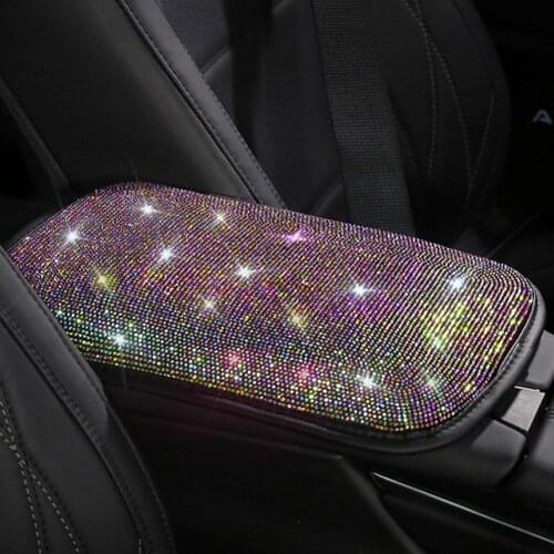 Car Diamond Armrest Cover Crysta LRhinestone Bling Shining Auto Center Console Protective Cushion Pad With Two Elastic Straps