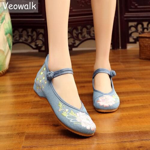 Veowalk Chinese Embroidered Women Denim Ballet Flats Retro Vintage Ladies Casual Soft Canvas Comfortable Walking Driving Shoes