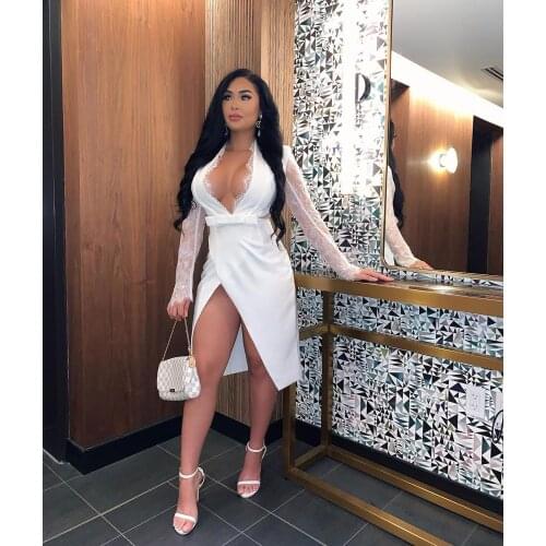 DPSDE 2020 fashion women new street girl style long dresses long sleeve deep v dresses pure color lace mid long dresses