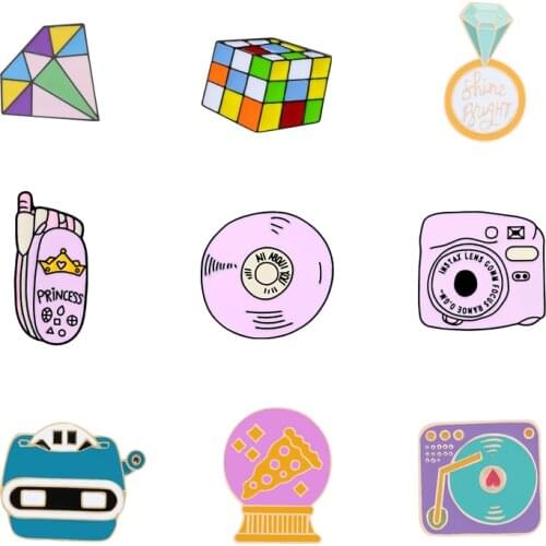 Cartoon brooches Battery recorder phone CD Enamel Pin Custom Badges Pink Girl Brooches Lapel Pins Denim Shirt Collar Jewelry