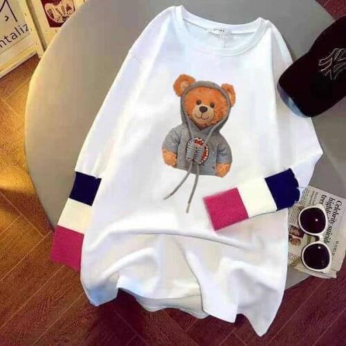 Bear Stitching Fake Two-piece Long-sleeved T-shirt Female 2021 Spring New Korean Version Loose Mid-length Bottoming Shirt Top