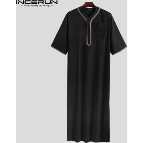 Men Vintage Half Sleeve Muslim Kaftan Robes Leisure V Neck Printed Jubba Thobe Casual Solid Patchwork Arabic Clothes 5XL INCERUN