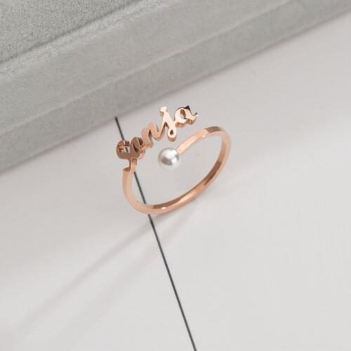 Custom Name Pearl Ring for Women Girls Stainless Steel Personalized Nameplate Hand Jewelry Valentines Day Wedding Birthday Gift