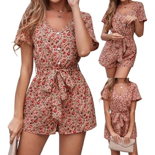 H80&S90 New Sweet Bohoemain Loose Floral Print Playsuits Sexy V-Neck Buttons Sash Belt Short Jumpsuits