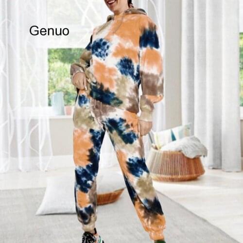 Pajamas Suit Women 2 Pieces Homesuit Tie-dye Printed Sweatsuit Casual Long Sleeve Hoodie And Sweat Pants Two Piece Set Outfit
