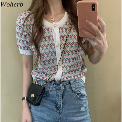 Woherb Short Sleeve Crop Top Heavy Jacquard Ice Silk Knitted Cardigan Summer 2021 Single Breasted Thin Tops Fashion Clothing
