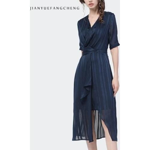 Fashion Blue Stirped Chiffon Summer Dress Mid-Length V-Neck A-Line Irregular Split Plus Size Woman Clothes Bling Elegant Dresses