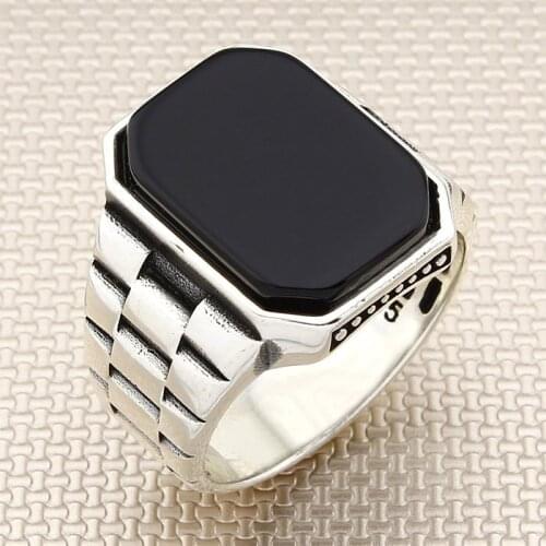 Rectangle Black Onyx Stone Men Silver Ring With Strap Motif Made in Turkey Solid 925 Sterling Silver